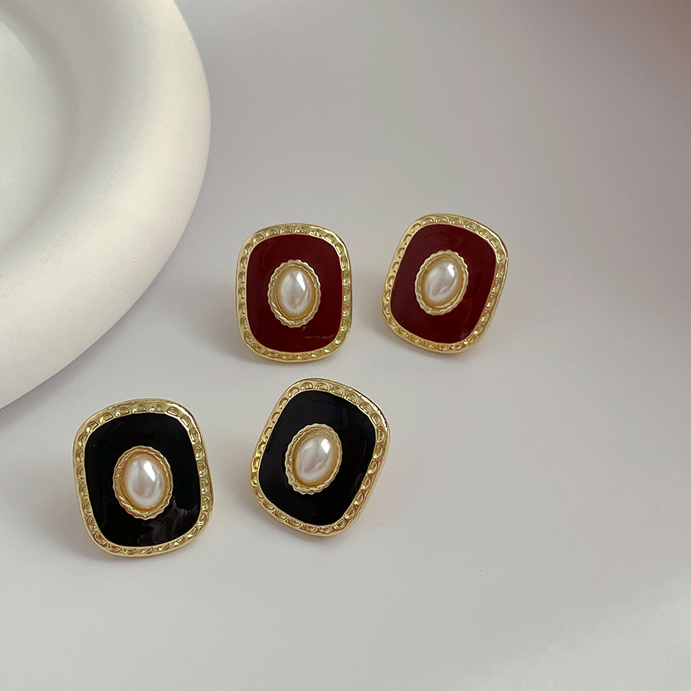 French Style Square Copper Enamel Inlay Artificial Pearls Ear Studs 1 Pair