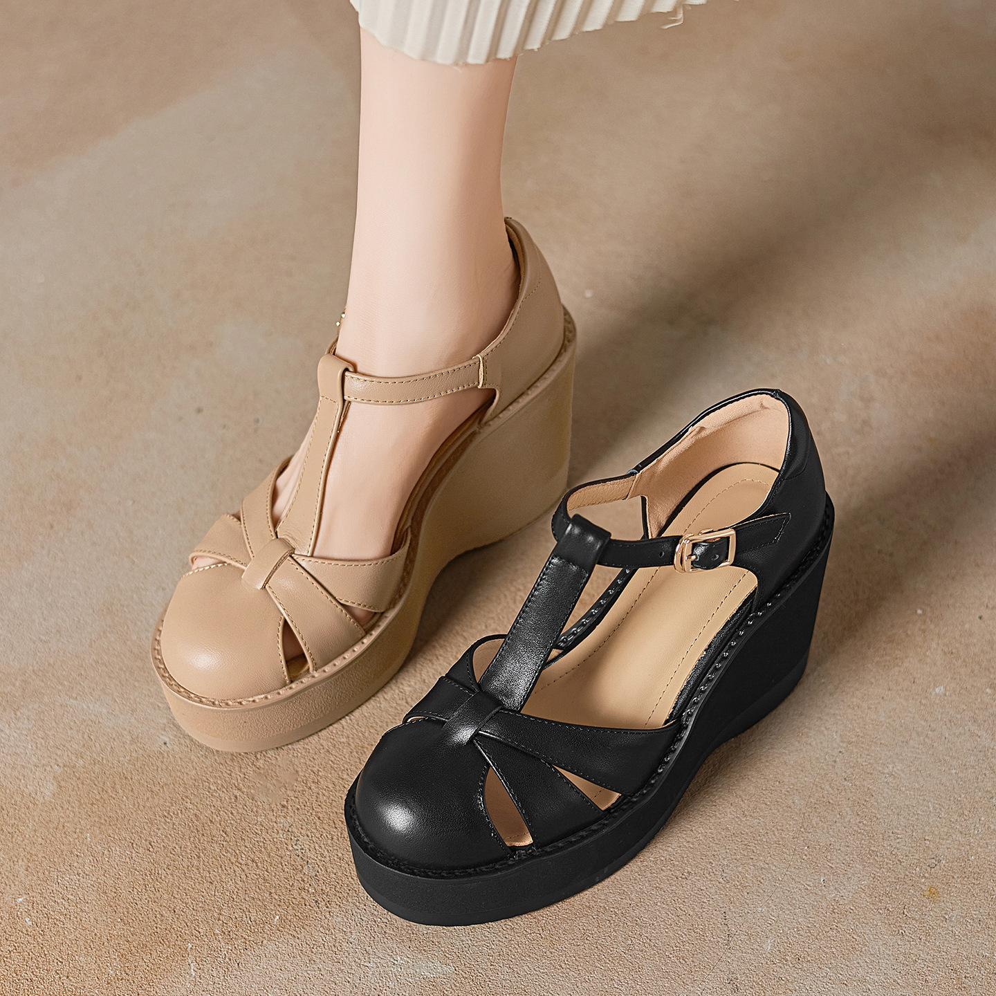 Sandal nữ cao gót đế dày 9.5 cm quai ngang khóa T — đen