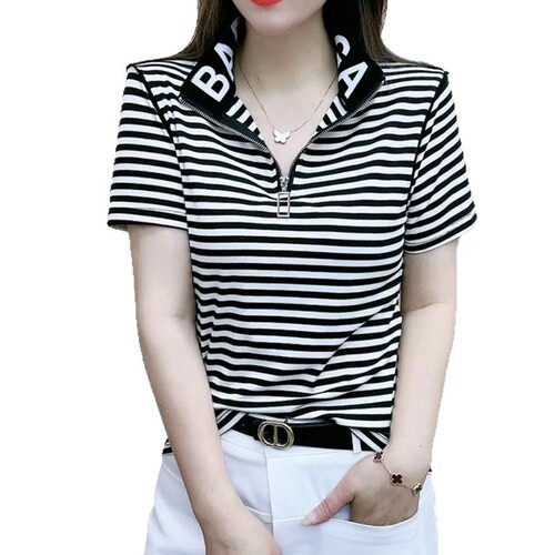 [Cotton 95 Spandex 5] New all-matching simple and comfortable slimming short-sleeved summer fashionable zipper design stand-collar T-shirt