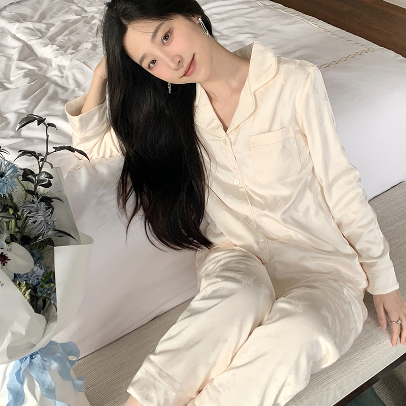 2024 Spring and Autumn New Ice Silk Jacquard fleece-lined Thickened Pajamas Women's Long Sleeve Trousers Luxury Noble Home Clothes Winter