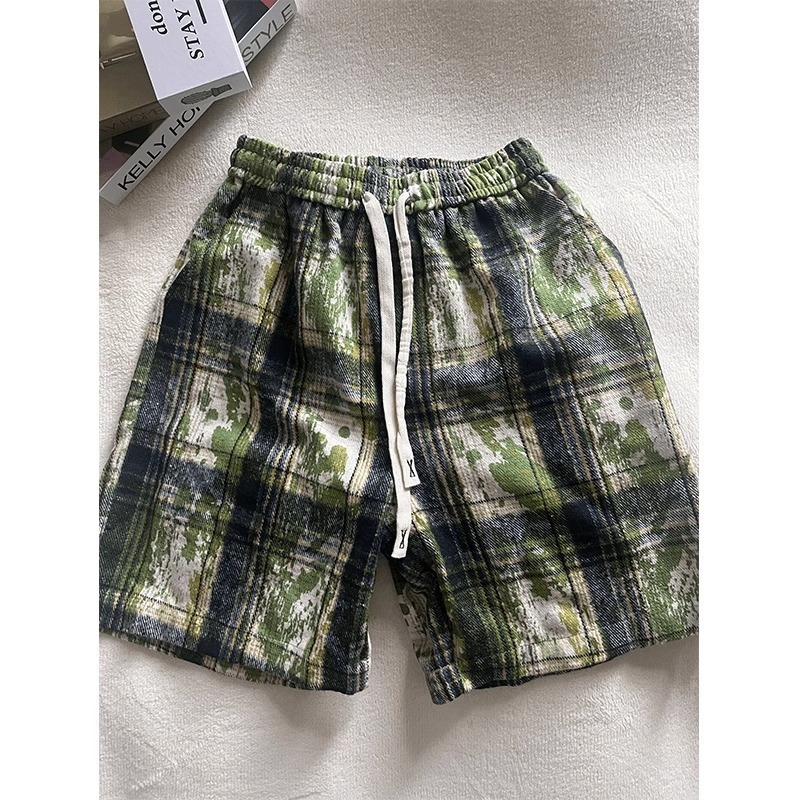 Casual Straight Leg Tie Dye Plaid Shorts For Men And Women Loose Fitting Five Point Beach Pants High Street Fashion Summer_viptrois.com