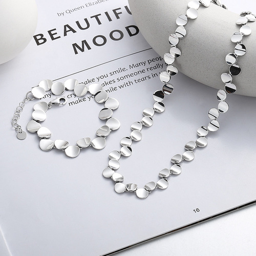 Yunchaoxuan S925 sterling silver retro old creative personalized small round card splicing pure chain clavicle chain necklace for men and women