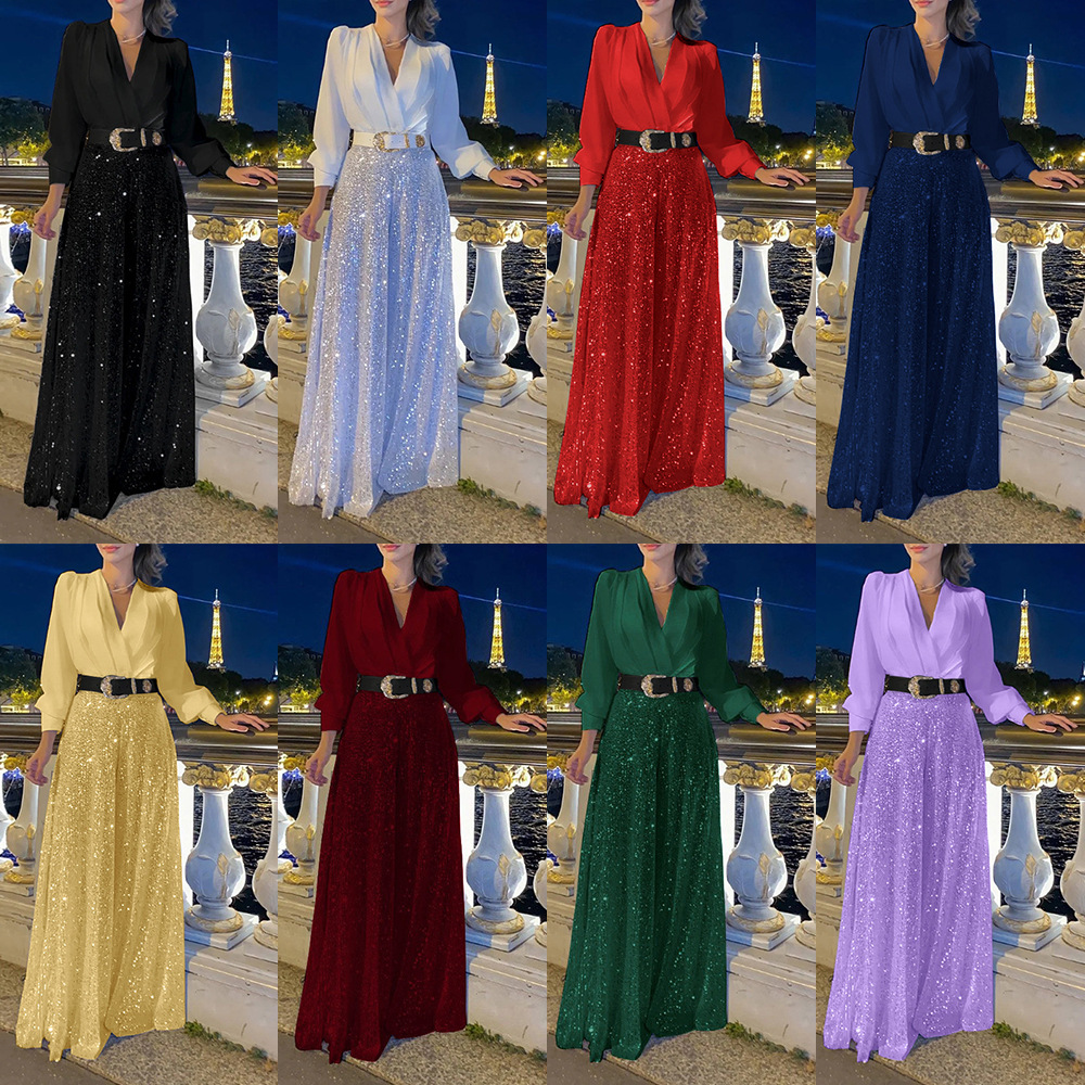 Women's Clothing dress women's spring and autumn high end V neck long sleeved shirt temperament elegant waist sequin French wide leg pants_voghion.com