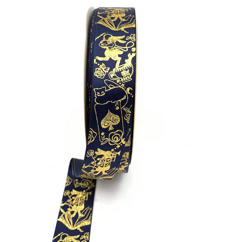 25mm láser oro cinta de dibujos animados poker gato bar bandeja hecho a mano dorado cinta poliéster cinturón en stock al por mayor