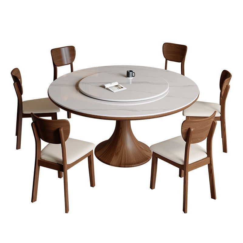 High-End Solid Wood Dining Table and Chair Set for Home Use in Small Apartments, Round Dining Table with a Rotating Tray