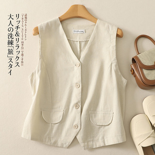 2025 New Retro Natural Casual Simple Design Pure Color Cotton and Linen V Neck Vest Jacket Vest