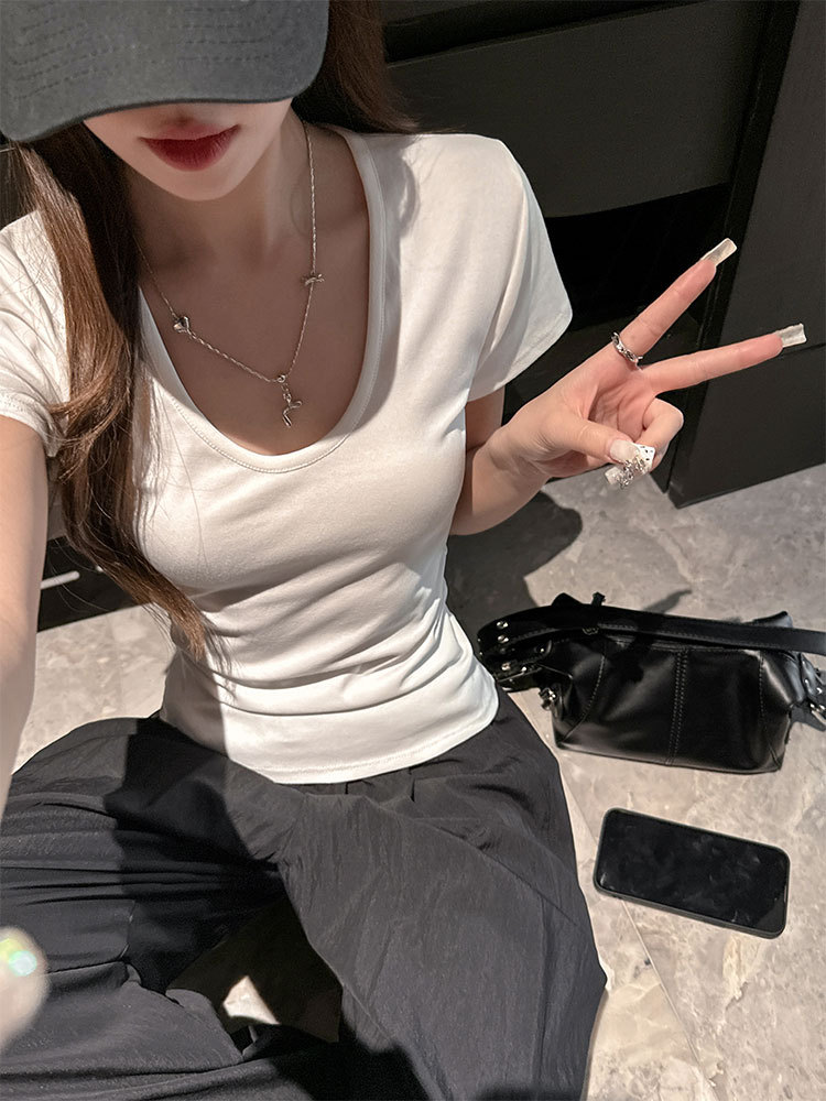 화이트 반팔 티셔츠 봄 여름 여성 U넥 오른쪽 어깨 하이엔드 슬림핏 한국식 순수한 욕망 스타일 다용도 탑