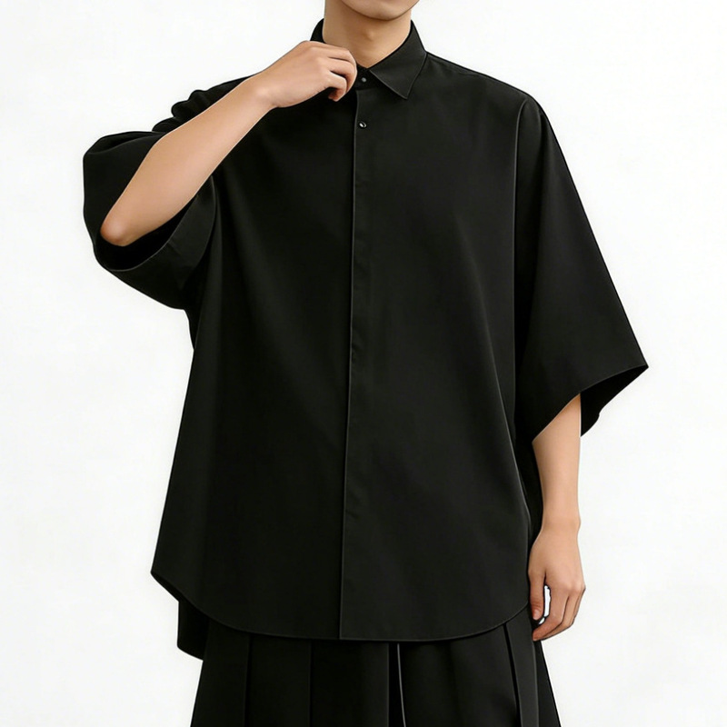 A18 Summer Men's Black Short-Sleeved Shirt with Loose Drape, Japanese-Style Casual and Stylish Design Top