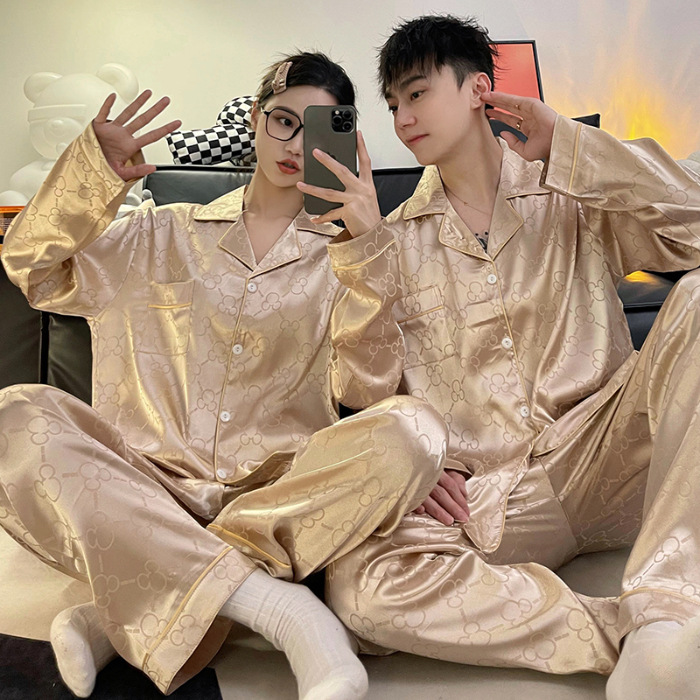 Pijama de pareja de seda de hielo para mujer primavera delgada manga larga para hombre jacquard de seda de hielo más tamaño Conjunto Avanzado de dos piezas