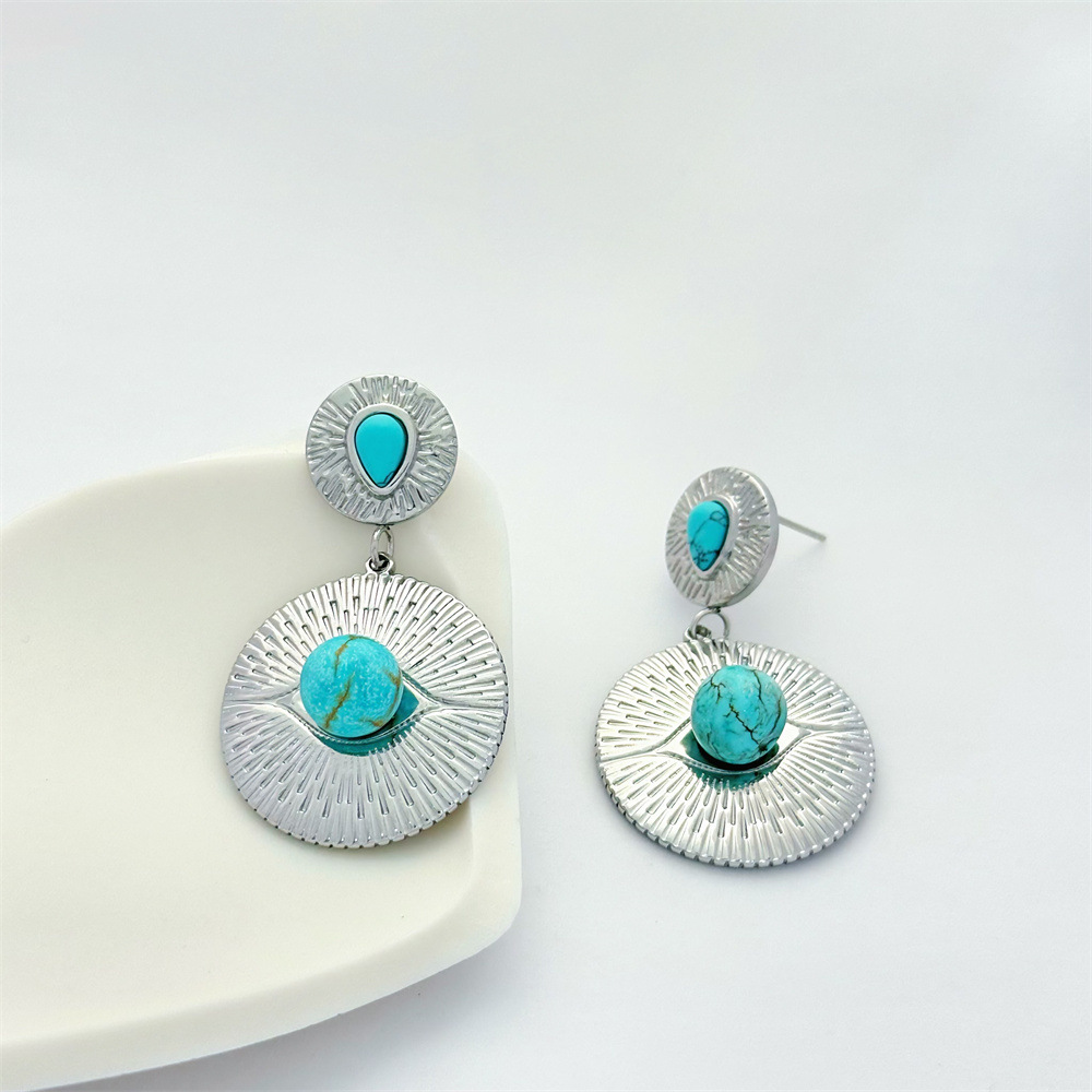 1 Pair Geometric Retro Classic Style 304 Stainless Steel December Birthstone Turquoise Drop Earrings display picture 6
