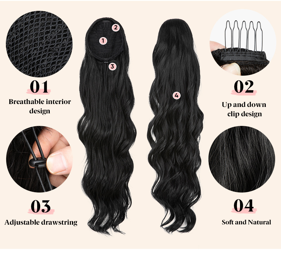 Sintētiskie mati sievietēm ar gariem, cirtainiem matiem, aukliņas stila, sintētiskās šķiedras, augstām zirgastēm un liela viļņa mākslīgām bizēm._voghion.com