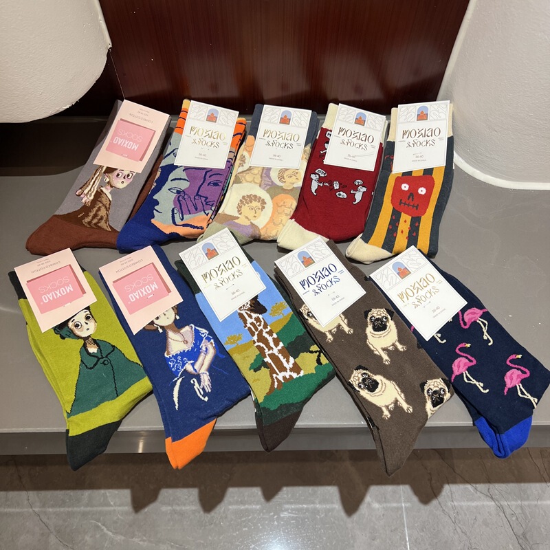 Foreign Trade Export Daily Single Women's Mid-calf Socks Cotton Sweat-absorbent Breathable Cartoon Animal Pattern Fashion Versatile Oil Painting Socks