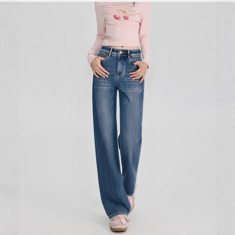 Deep Blue Straight-Leg Jeans for Women, Spring 2026 New High-Waisted Slimming Pear-Shaped Narrow Wide-Leg Pants