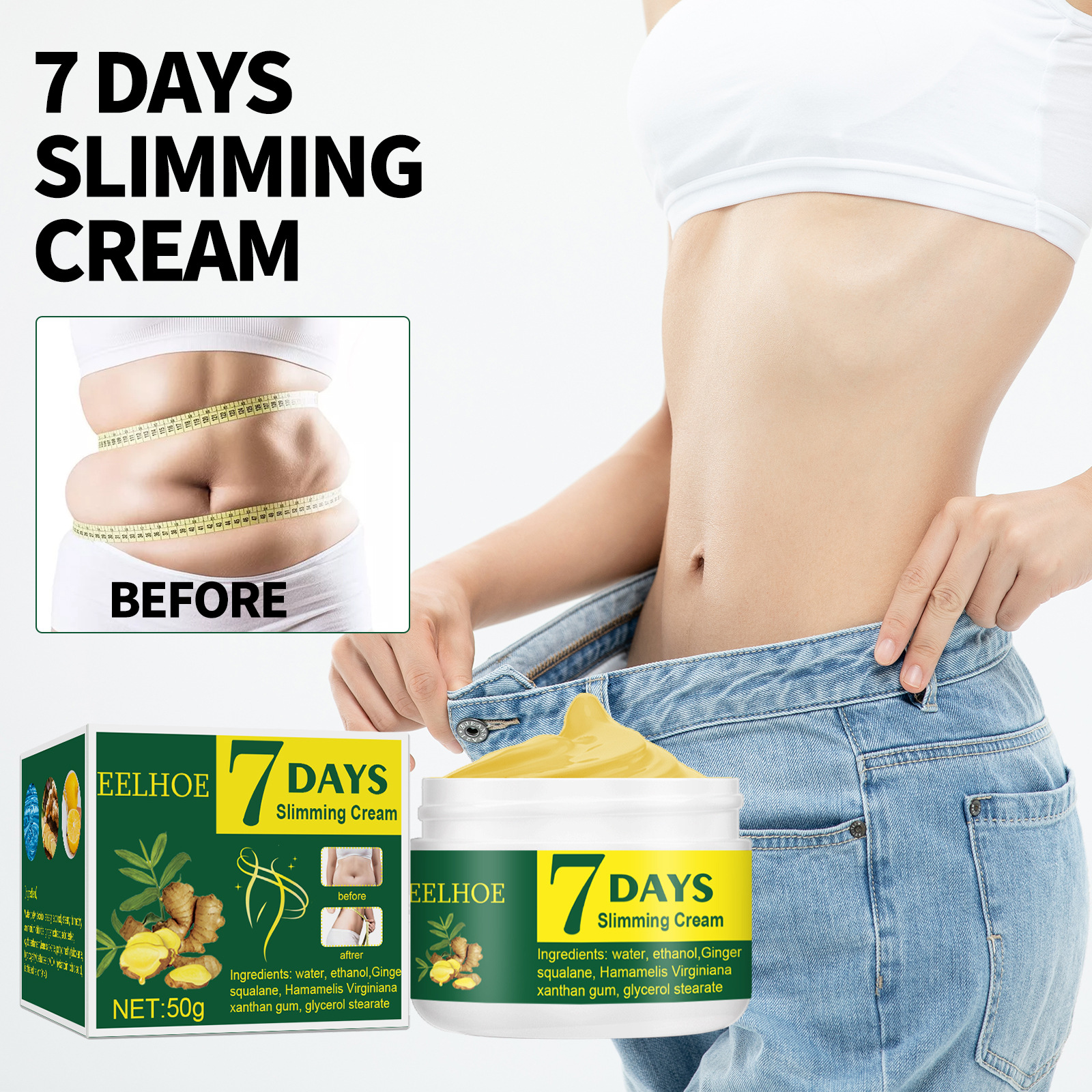 EELHOE Ginger Shaping Cream, uppstramande lår, mage, hud, västlinje stärkande närande och bantande massagekräm_voghion.com