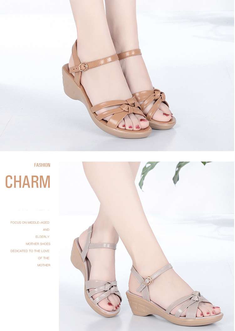 Sandal da thật mùa hè quai chữ V cho mẹ trung niên — Xám be chi tiết 14