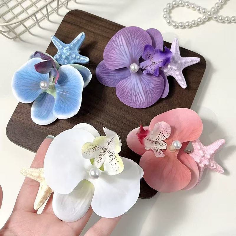 ロマンチックな島!ヒトデ胡蝶蘭ヘアピン!海辺のリゾート風サイドクリップ模擬花ヘアアクセサリーヘアツイスター|undefined