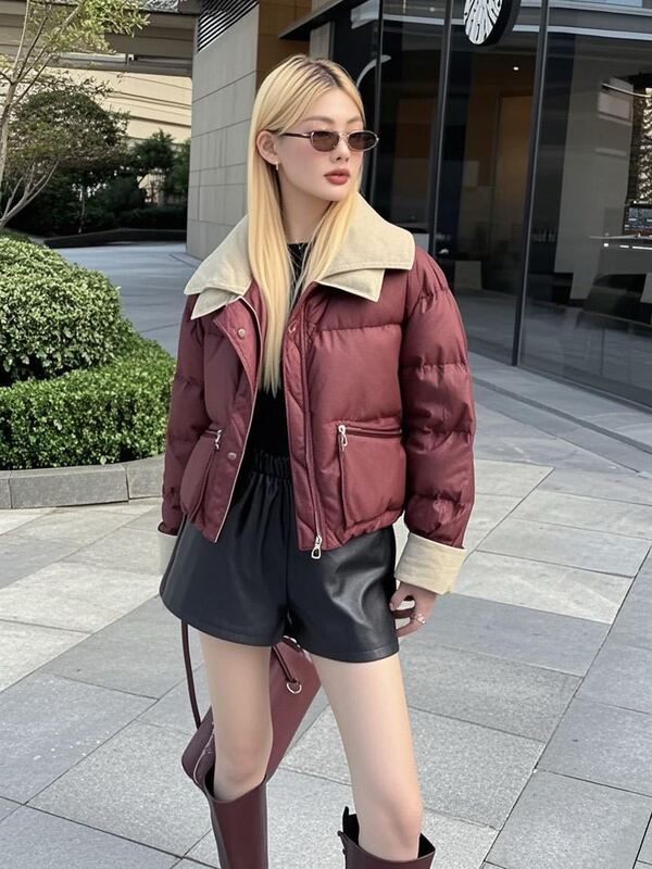 2025羽绒棉服女新款针织翻领皮衣短款冬季新款保暖棉袄外套PU棉厚|undefined