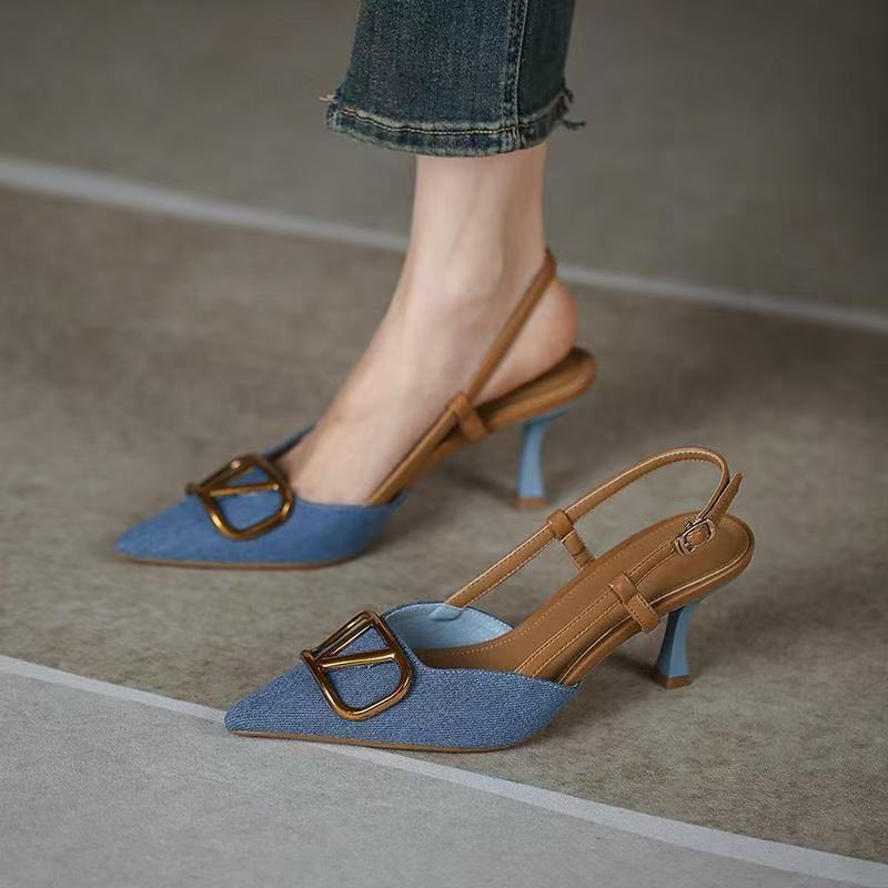 Korean Style High-End Elegant Pointed Toe Stiletto Shoes Spring and Autumn New Style Beautiful Elegant Versatile Denim High-Heeled Sandals Korean Style High-End Elegant Pointed Toe Stiletto Shoes Spring and Autumn New Style Beautiful Elegant Versatile Denim High-Heeled Sandals