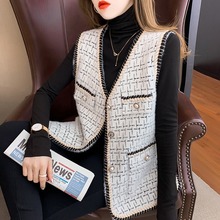 2023春秋新款千鸟格无袖马夹背心外套女设计感水貂绒马甲洋气上衣