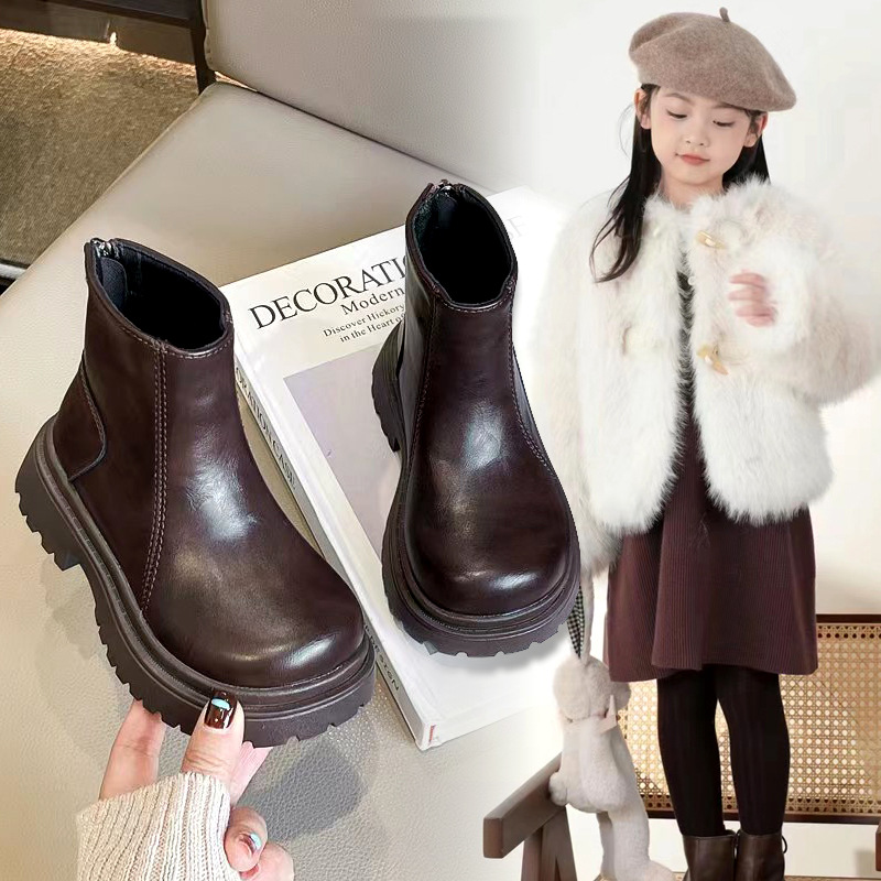 Children's Martin Boots 2025 All-Season Style for Girls, Fleece-Lined and Thickened Short Boots, Girls' British Style Chelsea Leather Boots