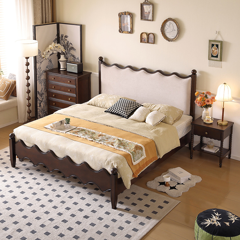 Simple Wave Ripple Mid-Century Style Furniture Upholstered Princess Bed French Retro Master Bedroom 1.8m Double Solid Wood Bed