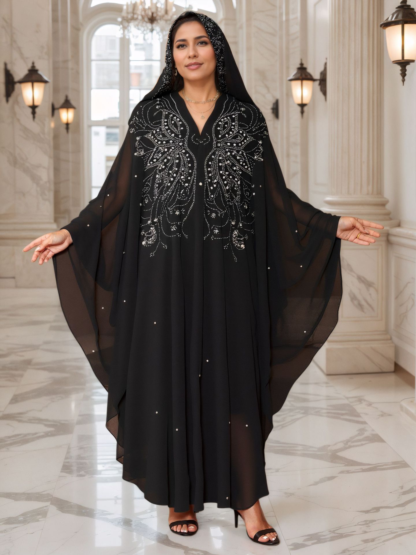 Caftan avec foulard – Robe longue brodée à manches longues (taille unique, motif floral/noir/blanc/violet foncé/bleu/kaki)_voghion.com