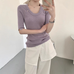 绢糸ウールニットU襟女性ボタンモデル韓国版ゆったりとした着痩せラウンドネック長袖ニット夏