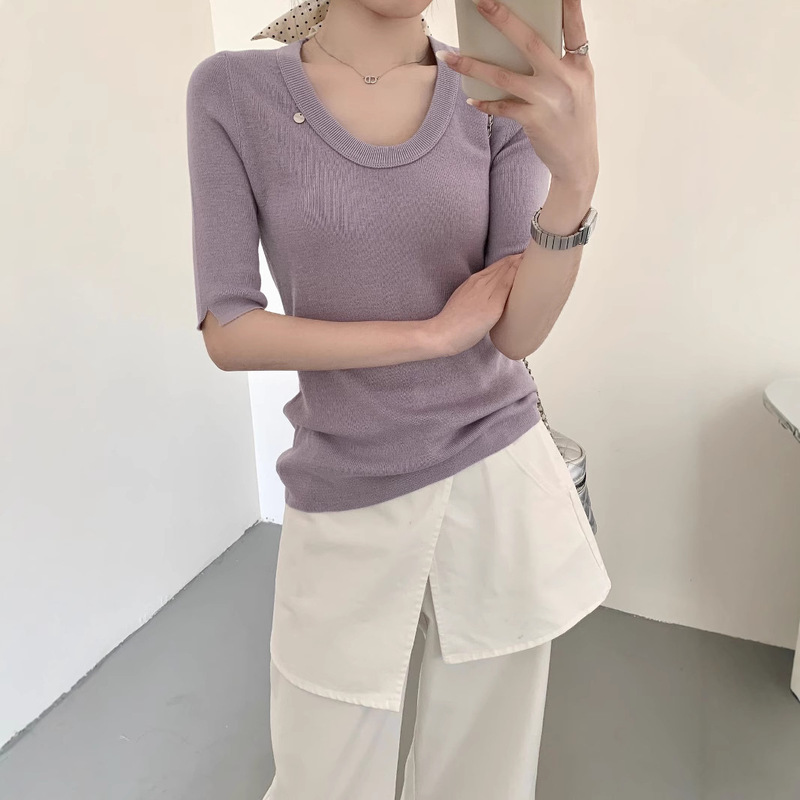 Mulberry Silk Wool Knitted Sweater U-Collar Women's Button Korean-style Loose Slimming All-match Round Neck Long Sleeve Knitted Sweater for Summer