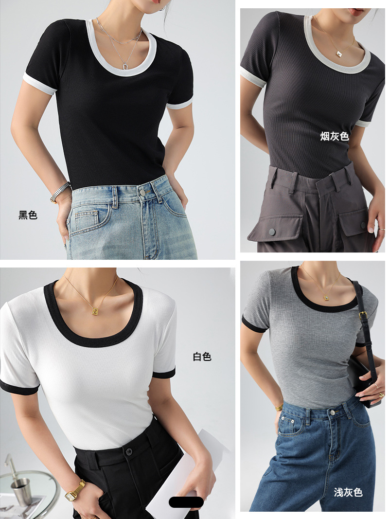 Camiseta de Verano para Mujer, Cuello Redondo, Manga Corta, Bloques de Color, Estilo Moderno, Imitación Algodón, Estilo Francés image 3