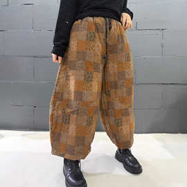 复古风印花夹棉哈伦裤女 2025冬新款宽松大码碎花保暖棉裤直筒裤