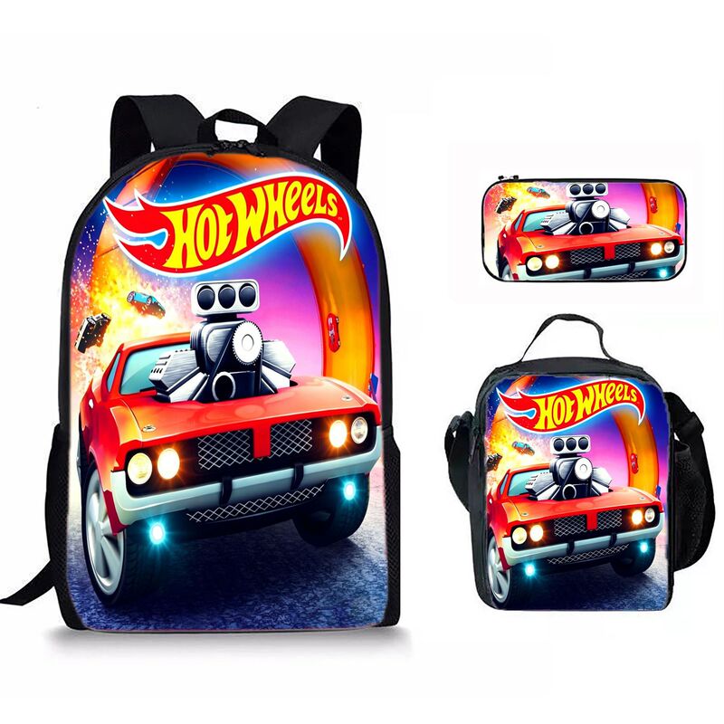 Cross-Border Hot Wheels Backpack Three-Piece Set, Lightweight, Large-Capacity Children's Student School Bag, Casual Travel Backpack