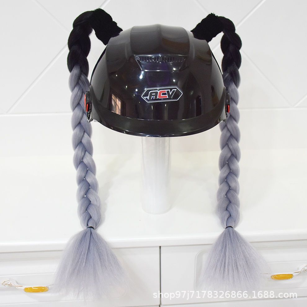 Motuoche Helmet Braids Pigtails Full Helmet Takeaway Rider Motorcycle Decoration (Auto Parts and Accessories) - black-and-gray-braids-pair
