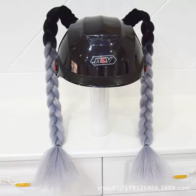 Helmet with Dreadlocks, Braids, Double Ponytails, Full Helmet, Delivery Rider, Motorcycle Decoration (Motosiklet dəbilqələri) - a-pair-of-black-and-gray-braids