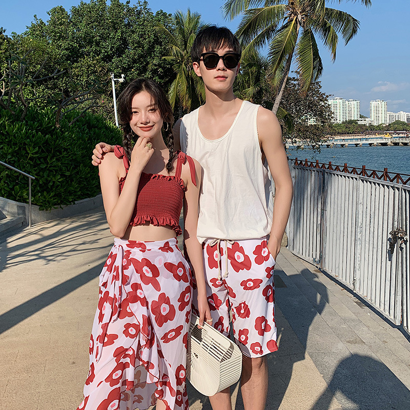 커플 수영복 패션 슬림핏 슬림핏 프린트 스플릿 비키니 쓰리피스 수영복 여성용 남성용 비치 팬츠