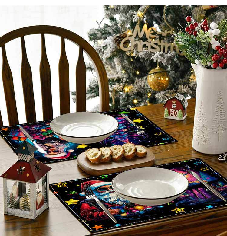 Weihnachtstischset aus weißem Leinen mit Sternenhimmel und Weihnachtsmann-Aufdruck, Tischset für Wohnzimmer, Restaurant, Dekoration, Isoliermatte_voghion.com