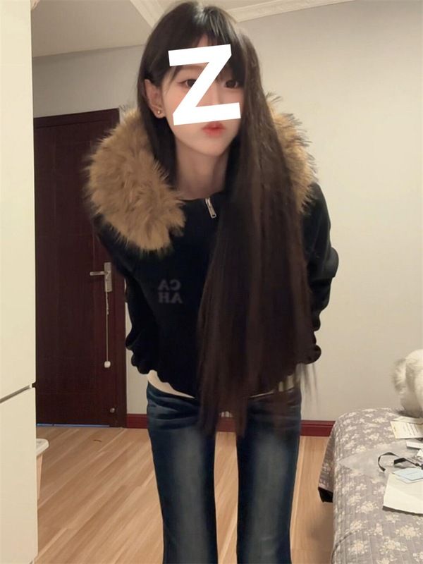 美式高街毛领连帽卫衣女装春秋季2025新款韩系慵懒风短款开衫外套|undefined