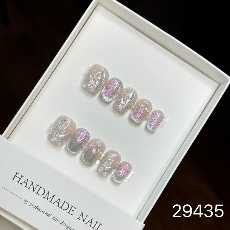 【純手作りのつけ爪29-32】ロングフレンチキャットアイパッチ付け爪、取り外し可能なネイルアートコレクション|undefined