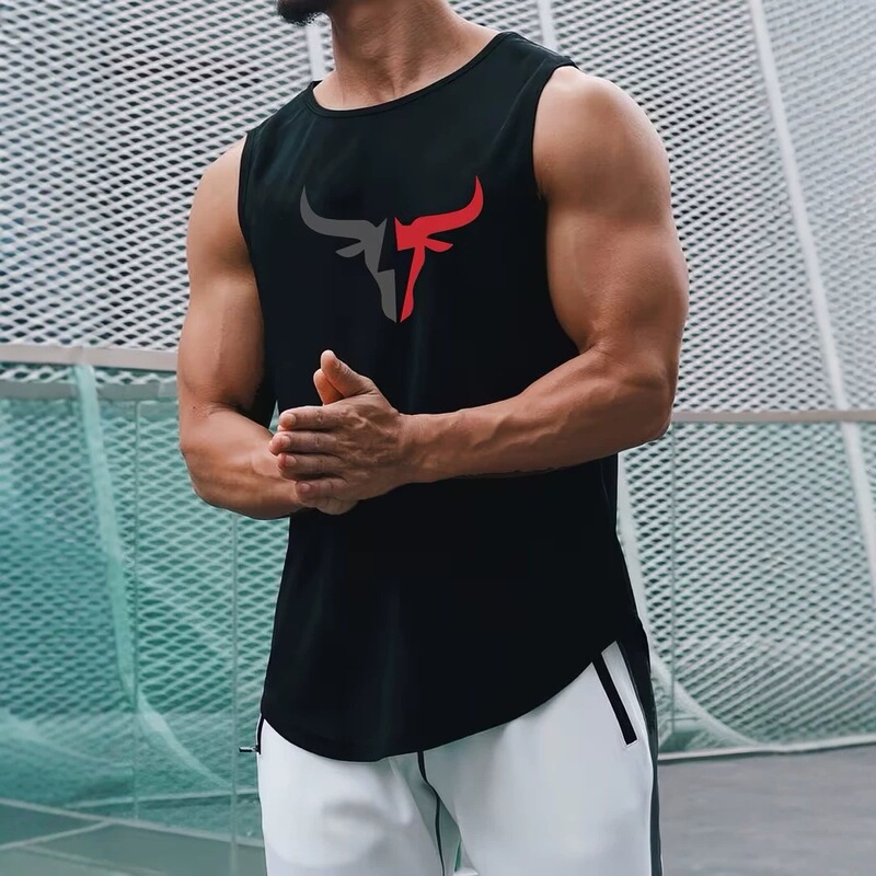 American-style bull pattern men's fitness tank top, elastic, quick-drying, sleeveless T-shirt, loose-fitting top for outdoor running and sports American-style bull pattern men's fitness tank top, elastic, quick-drying, sleeveless T-shirt, loose-fitting top for outdoor running and sports