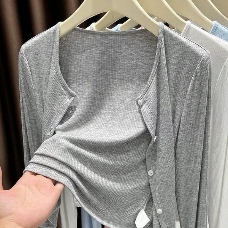 グレーの春と秋のニットセーター、女性用日焼け止めカーディガン、サマーアウターサスペンダースカート、ショール、エアコン付きブラウス、トレンディなジャケット|undefined