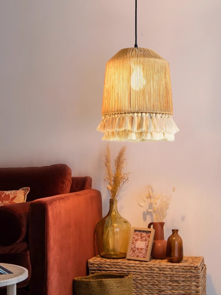Viento tranquilo retro cordón de cáñamo con frosted lámpara de cama creativa lámpara principal comedor sala de estar lámpara sala modelo lámpara Zhongshan
