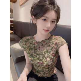 清新碎花木耳边小衫短袖T恤女夏季轻薄双层网纱小飞袖修身上衣