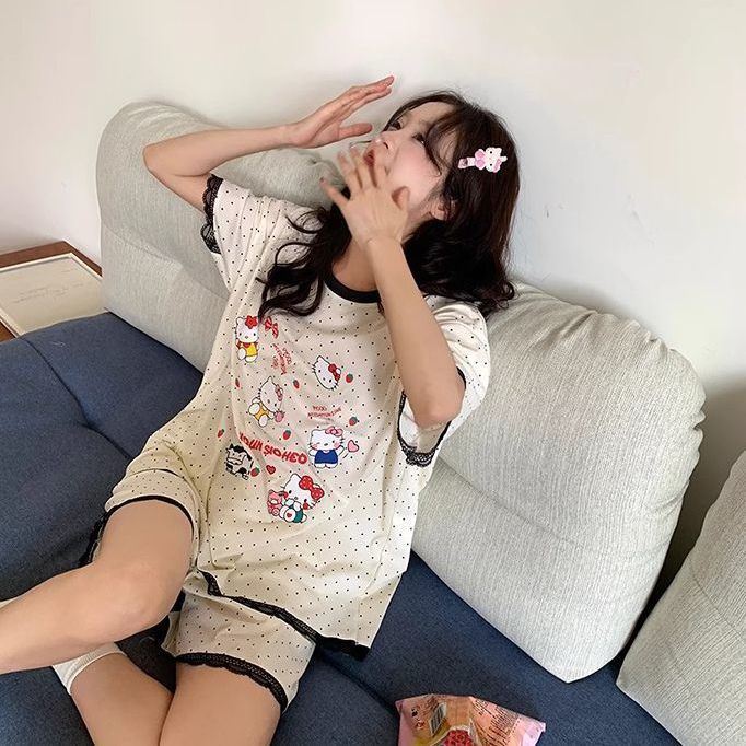 Pijamas de encaje para mujer, traje de manga corta de lunares delgados de verano, sensación de alta calidad, servicio a domicilio al por mayor transfronterizo, se puede usar afuera