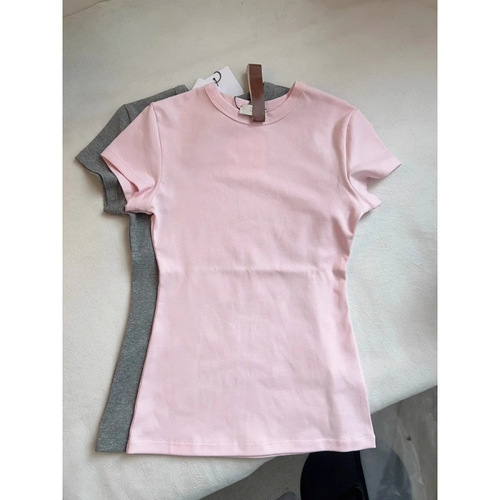 Cotton Pink Right Shoulder Short Sleeve Shirt Women 2025 Summer Slim American Comic Waist Tight Slim Top