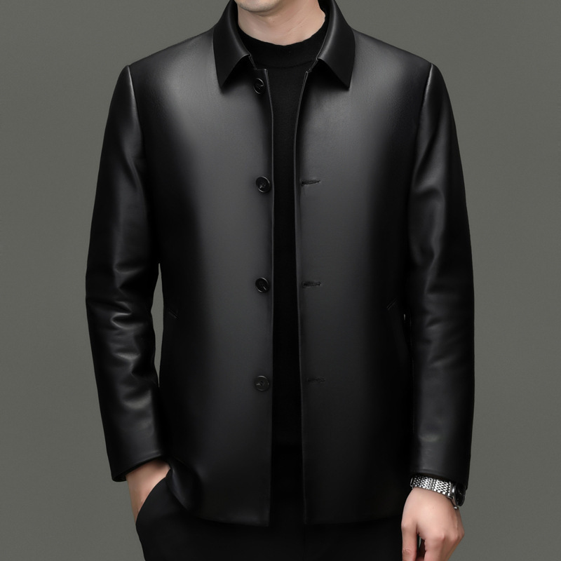 Men's Genuine Leather Sheep Wool Coat Goose Down Liner Detachable Lapel Casual Business Middle-aged Leather Jacket Coat Men