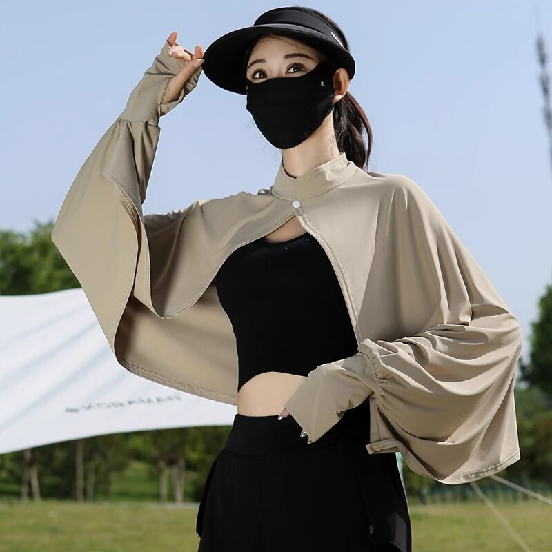 Women's Summer Sun Protection Cape for Cycling and Driving, Breathable Loose Long-Sleeve Ice Silk Thin Sleeve Cover-Up Shawl