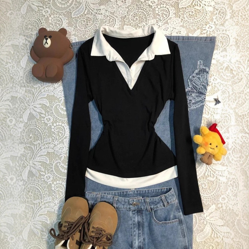 [210g 40 Count Fine Cotton 1*1] Pure Desire Sweet Hot Girl Fake Two-Piece Long Sleeve Shirt Collar Women's Autumn Top