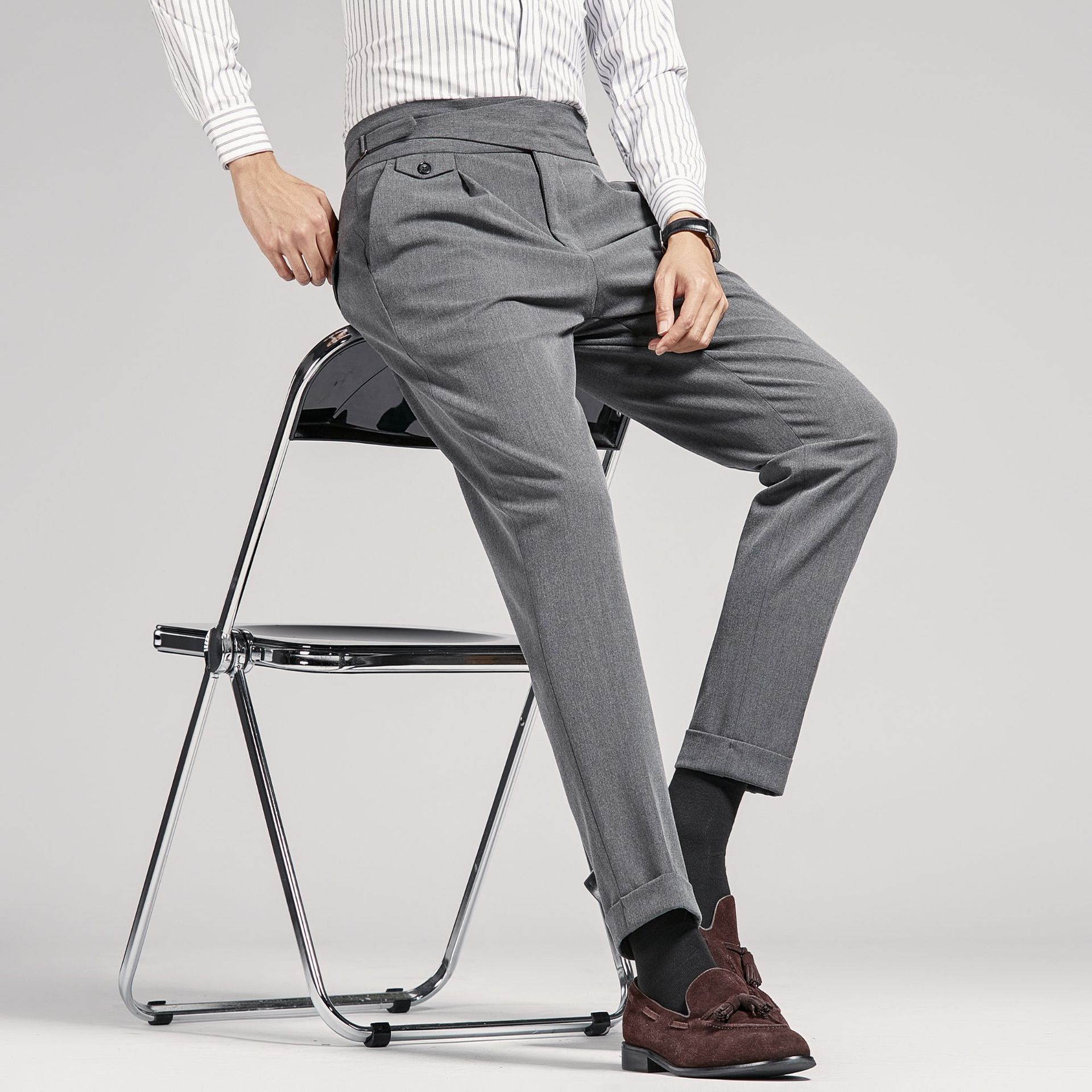 Nápoles traje pantalones hombres pantalones recortados negro drapeado negocio casual cintura alta traje Pantalones slim fit primavera y verano