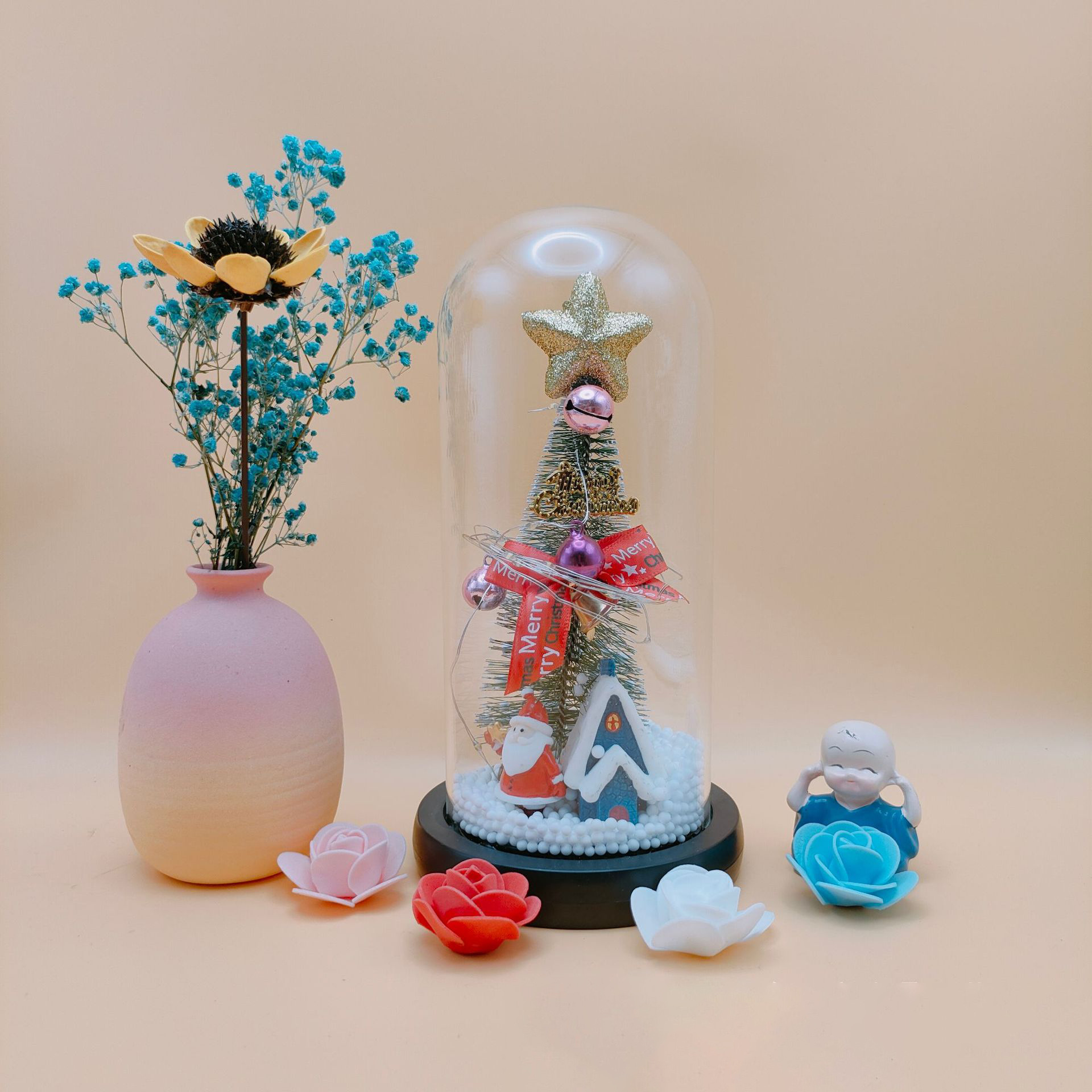 Lámpara de cristal con flores preservadas, rosa artificial brillante, árbol de Navidad, día de San Valentín, Papá Noel, reno, adorno navideño creativo