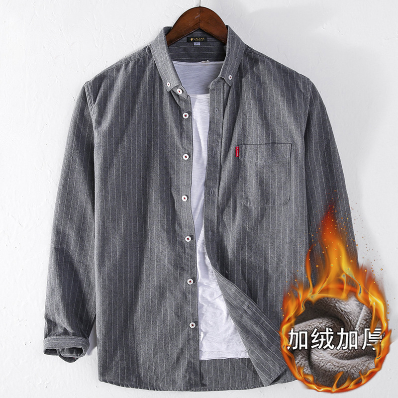 加绒衬衫男士纯棉条纹衬衫长袖衬衣休闲初秋上衣新款男装保暖褂子