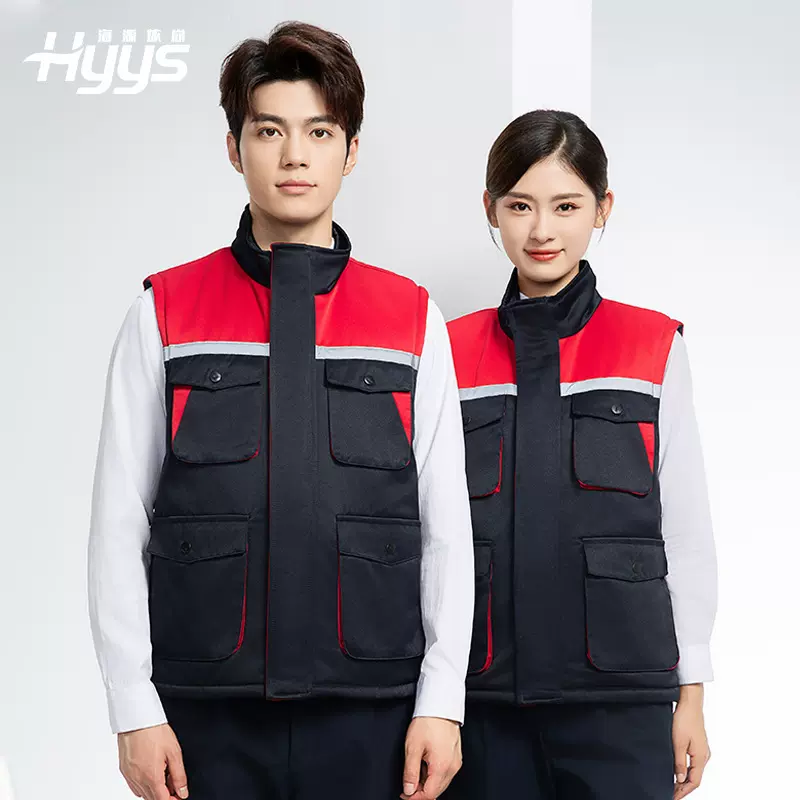 拼色加厚棉马甲工作服冬季工装保暖防风多口袋反光男款可定制印字